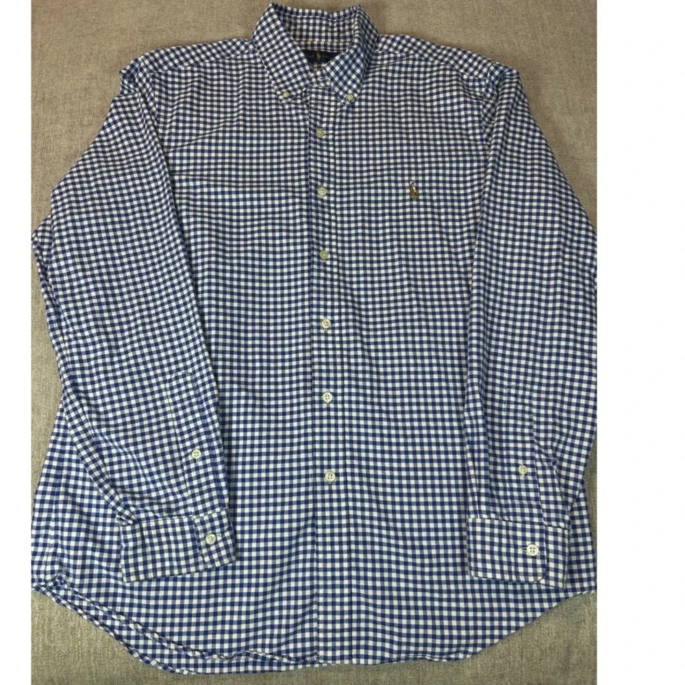 Ralph Lauren Mens Blue White Gingham Button Down Shirt Large Long Sleeve Cotton